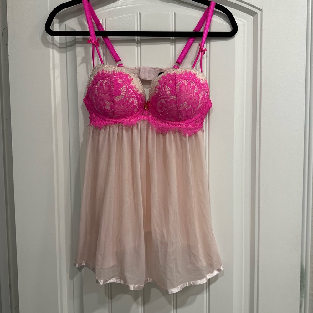 Hot Pink Lace Bust Chemise with Cream Skirt